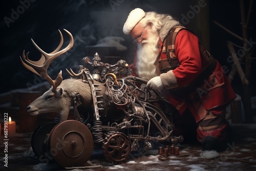 santa claus fixing the broken reindeer sled christmas funny illustration