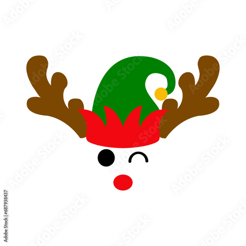 Tiempo de Navidad. Logo con silueta de reno Rudolph con sombrero de elfo de Santa Claus, hocico rojo, astas y guiñando un ojo para tarjetas y felicitaciones	