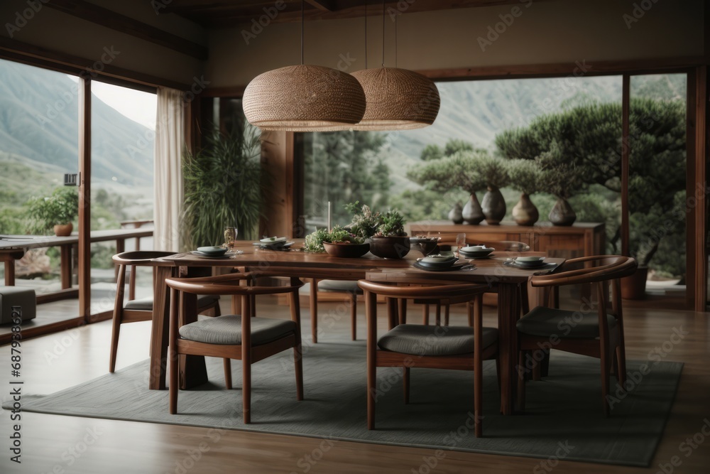 Elevated Dining Elegance: Mountain View Zen Style Dining Room