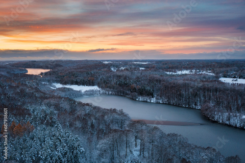 Aerial landscape of the lake in Poland at winter