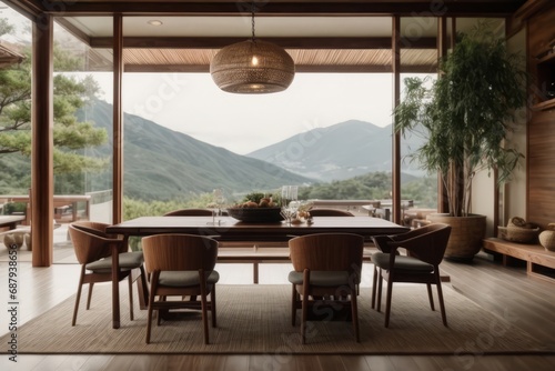 Elevated Dining Elegance: Mountain View Zen Style Dining Room © Krittikarn