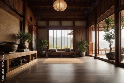 Harmony in Design  Serene Wooden Interior with Natural Light Zen Style Foyer
