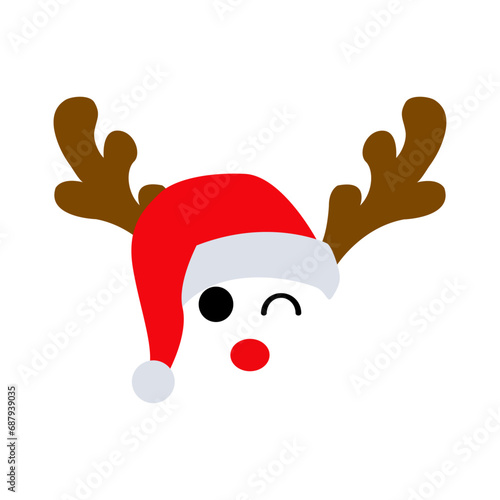 Tiempo de Navidad. Logo con silueta de reno Rudolph con sombrero de Santa Claus, hocico rojo, astas y guiñando un ojo para tarjetas y felicitaciones	