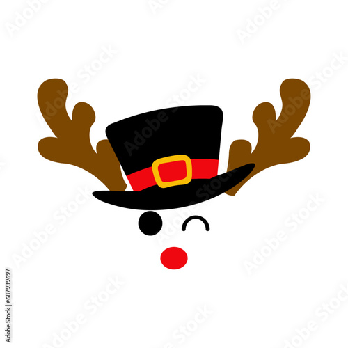 Logo con reno Rudolph con sombrero de muñeco de nieve, hocico rojo, astas y guiñando un ojo para tarjetas y felicitaciones de Navidad