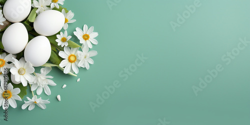 Flat lay Easter composition with spring flowers and painted eggs