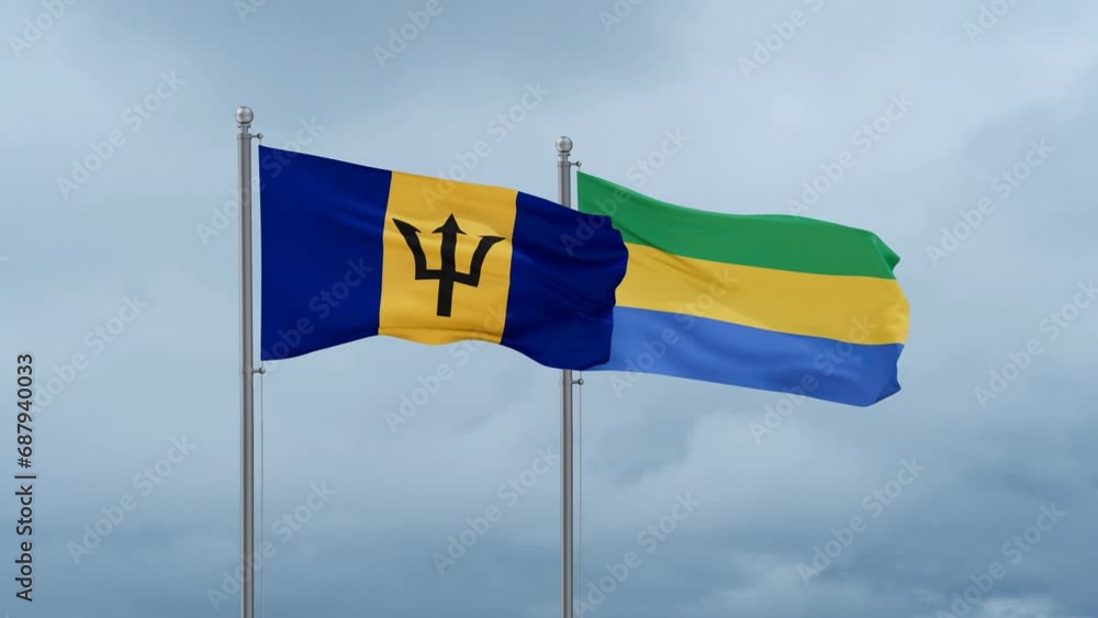 Gabon flag and Barbados flag waving together on cloudy sky, endless seamless loop, two country relations concept Gabon flag and Barbados flag waving together on cloudy sky, endless seamless loop, two country relations concept