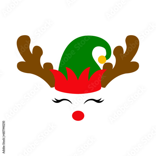 Tiempo de Navidad. Logo con reno Rudolph con sombrero de elfo de Santa Claus, con hocico color rojo, astas y pestañas para su uso en tarjetas y felicitaciones