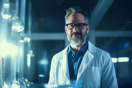 Middle aged senior professional man or doctor in white coat on laboratory or hospital background, blue tones.generative ai