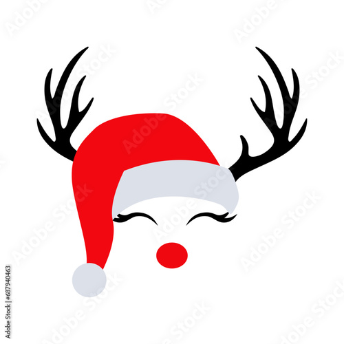 Tiempo de Navidad. Logo con reno Rudolph con sombrero de Santa Claus, con hocico color rojo, astas y pestañas para su uso en tarjetas y felicitaciones
