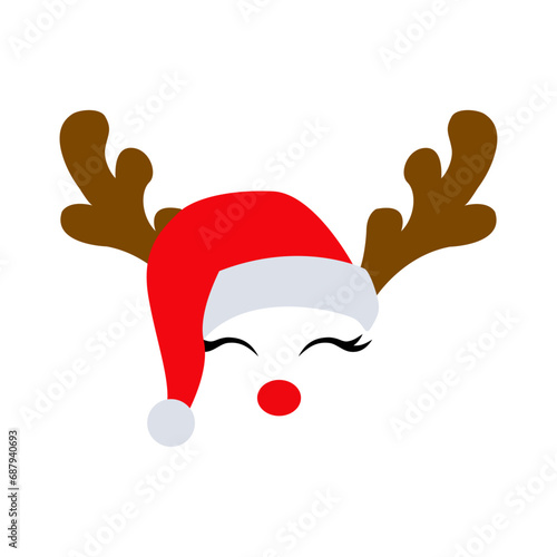Tiempo de Navidad. Logo con reno Rudolph con sombrero de Santa Claus, con hocico color rojo, astas y pestañas para su uso en tarjetas y felicitaciones