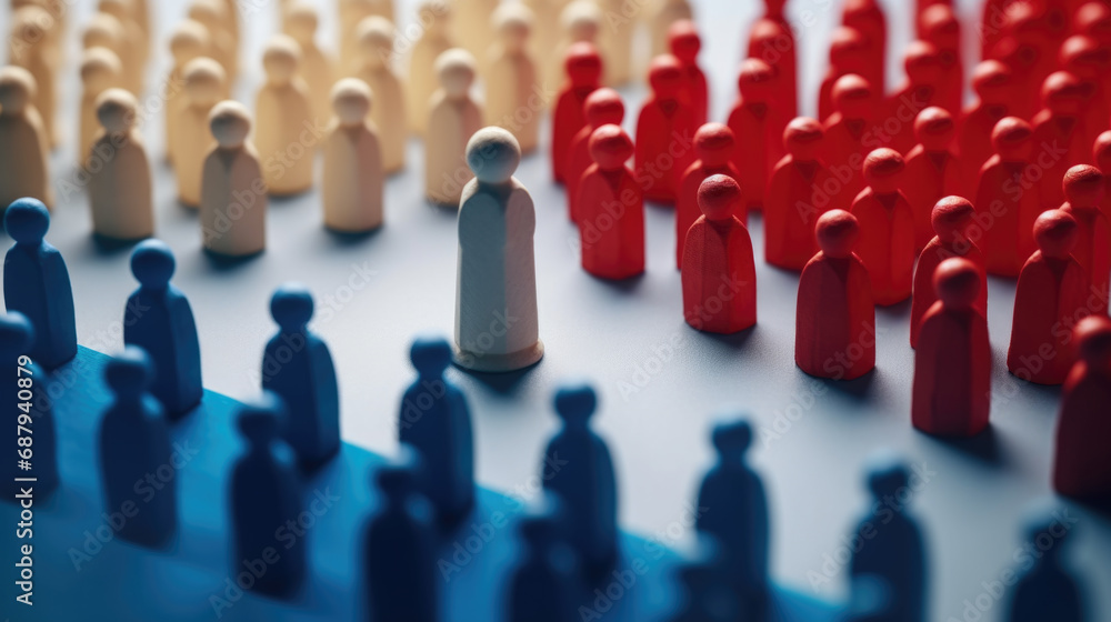 Fototapeta premium Pawns in three colors divide into distinct groups. The concept of segregation or teamwork.