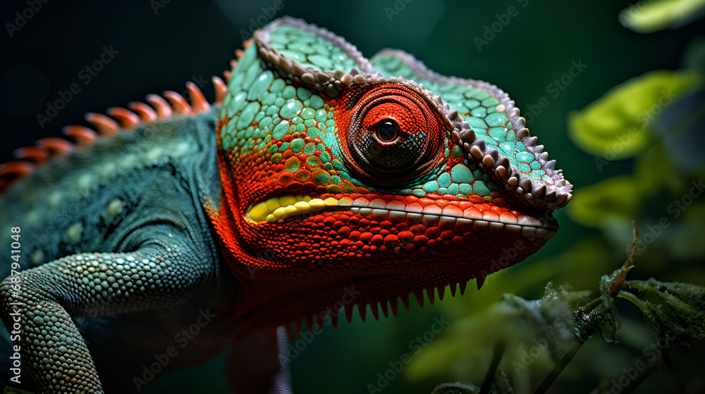 Obraz premium green iguana on a branch, zoom face in forest 
