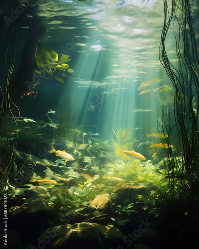 Swamp underwater scene with plant and fishes © Maizal