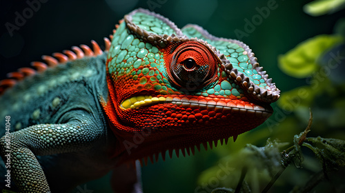 green iguana on a branch, zoom face in forest 