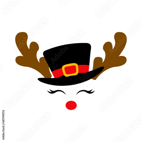 Tiempo de Navidad. Logo con reno Rudolph con sombrero de muñeco de nieve, con hocico color rojo, astas y pestañas para su uso en tarjetas y felicitaciones