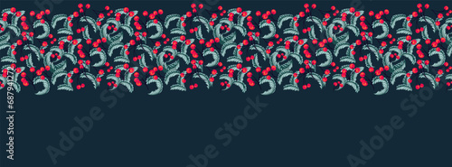Horizontal Christmas, Holiday border with copy space. Vector hand drawn stylized branches and red berries. Suitable for email header, post in social networks, advertising, events and page cover