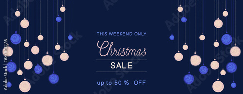 Christmas sale background. Vector Christmas balls on a black blue background. Horizontal border with copy space. Suitable for email header, social media post, advertising, events and page cover