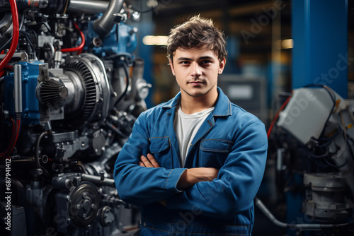 A young car mechanic poses for the camera with his arms crossed in a car repair shop with disassembled engine components in the background.generative ai photo