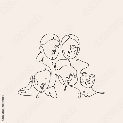 Women vector illustraton drawn in line art style. International Womens Day. One line womans portrait. Women different nationalities. Feminism concept. Girl power line art