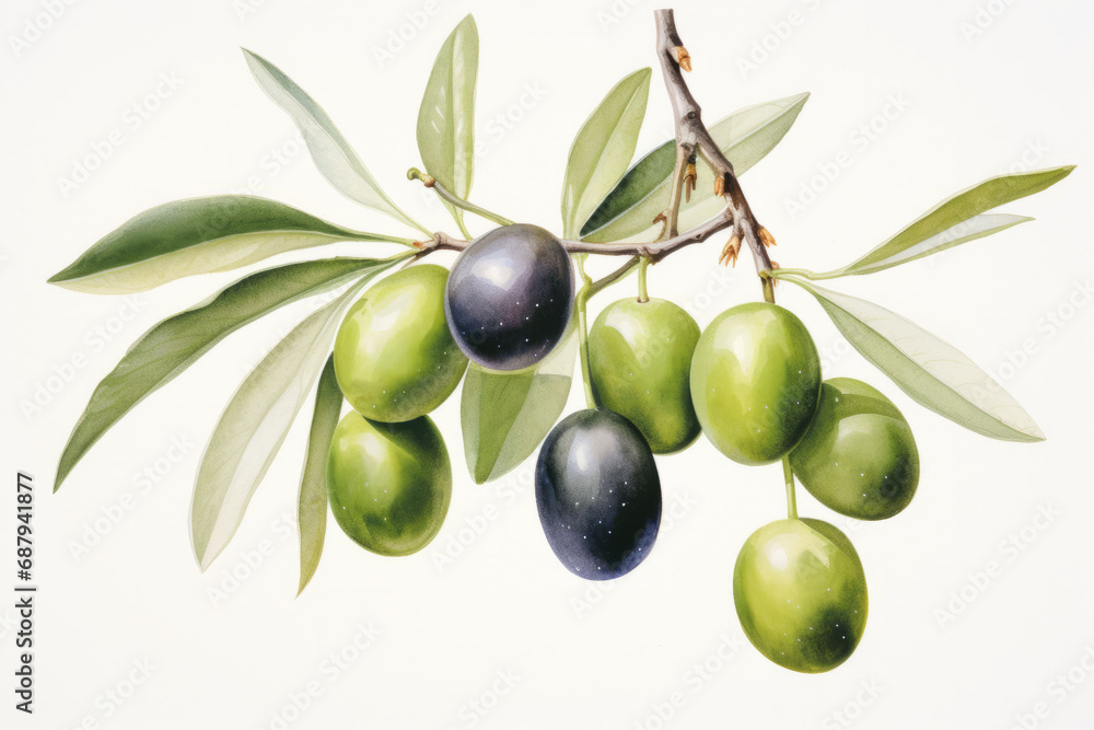 Watercolor illustration of a olive branch isolated on white background. AI generative
