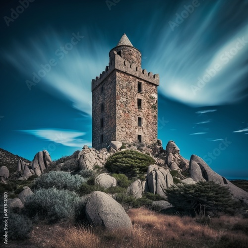 Campanella tower, one of the Genoese towers of Corsica island watchtower stone laying Italy lookout point high building bastion Generative AI 