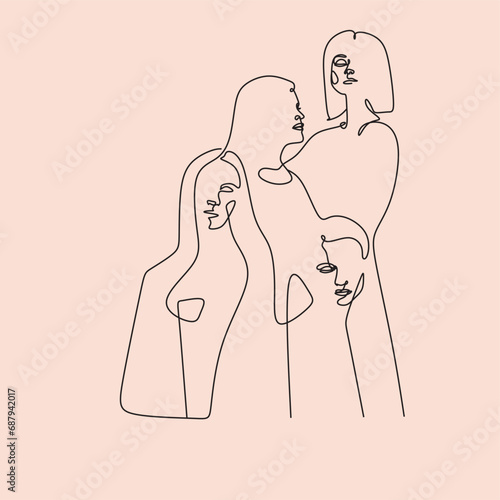 Women vector illustraton drawn in line art style. International Womens Day. One line womans portrait. Women different nationalities. Feminism concept. Girl power line art