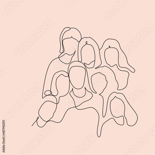 Women vector illustraton drawn in line art style. International Womens Day. One line womans portrait. Women different nationalities. Feminism concept. Girl power line art