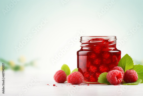 A small open jar of homemade sweet raspberry jam with elements of raspberries and green leaves next to it on a light background with space for a logo or text.generative ai