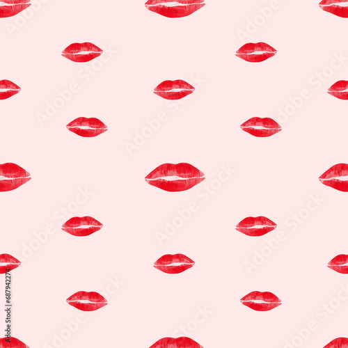 Simple pattern for Valentines day with print of lips kiss on the pink background, fabric, paper. Digital watercolor illustration