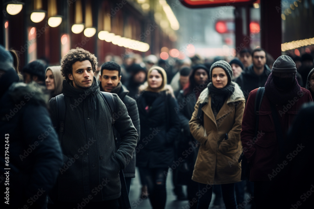 Large group of people are walking down the street on a cold day