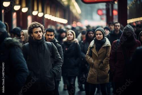Large group of people are walking down the street on a cold day