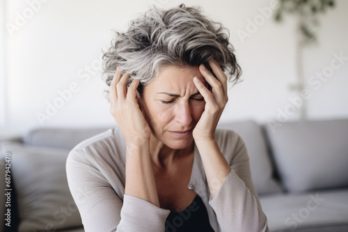 Middle-aged woman with gray hair with migraine or headache photo
