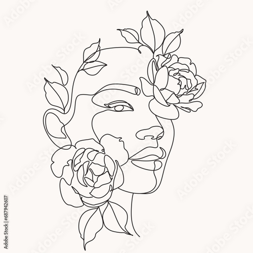 Woman Line Art Minimalist Logo. Nature Organic Cosmetics Makeup. Flower head Feminine Illustration line drawing. Woman face with flowers line