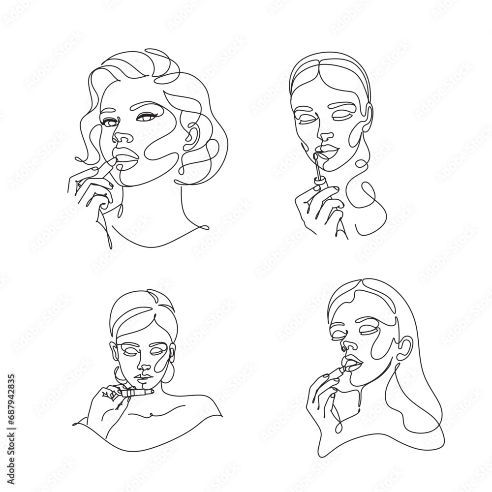 Woman with Lipstick Continuous One Line Drawing. Style Template with Abstract Female Face and Lipstick. Continuous line, Close up portrait of attractive girl rouging her lips. Drawing of set Beauty. Woman with Lipstick Continuous One Line Drawing. Style Template with Abstract Female Face and Lipstick. Continuous line, Close up portrait of attractive girl rouging her lips. Drawing of set Beauty.