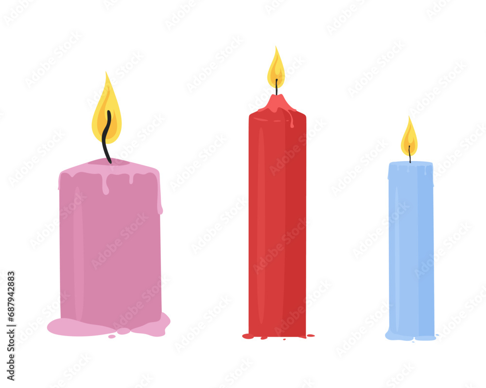 Candles vector set. Scented burning candles collection. Decorative wax candles for relax and spa isolated on white background. Flat cartoon style. Colorful vector illustration Candles vector set. Scented burning candles collection. Decorative wax candles for relax and spa isolated on white background. Flat cartoon style. Colorful vector illustration