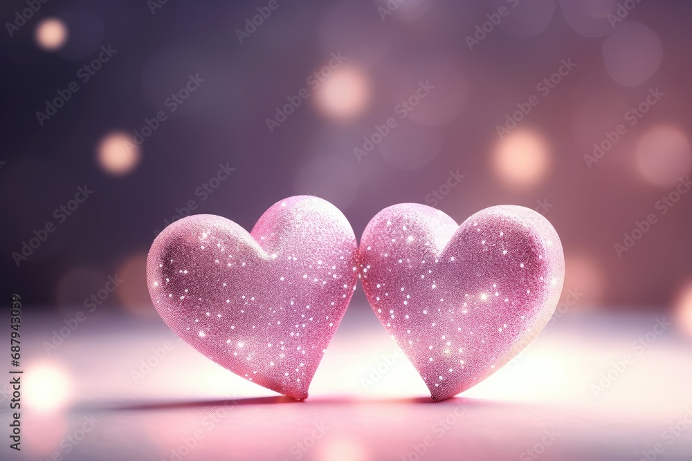 Twin Pink Hearts Glowing with Sparkles and Love on Bokeh Background. Generative AI Twin Pink Hearts Glowing with Sparkles and Love on Bokeh Background. Generative AI