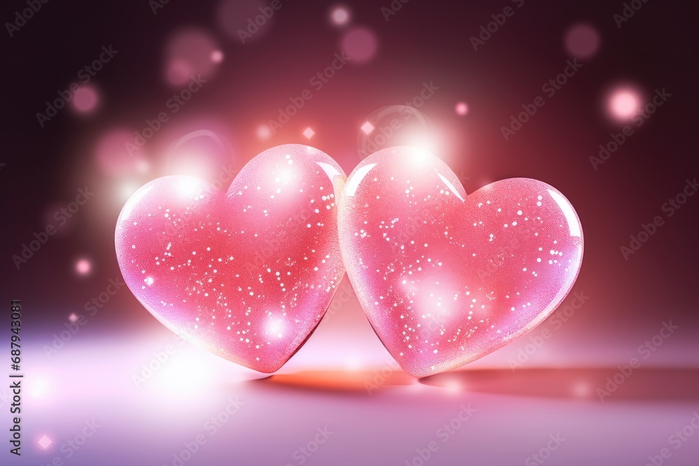 Twin Pink Hearts Glowing with Sparkles and Love on Bokeh Background. Generative AI