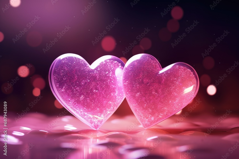 Twin Pink Hearts Glowing with Sparkles and Love on Bokeh Background. Generative AI Twin Pink Hearts Glowing with Sparkles and Love on Bokeh Background. Generative AI