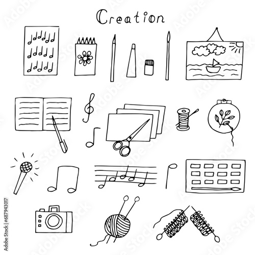 Creativity and hand made set, vector illustration hand drawing doodles