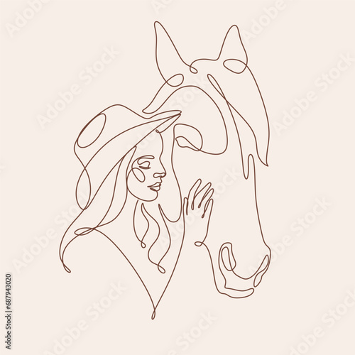 Western woman in a cowboy hat. Cowboy girl in hat line art vector minimalist logo. Abstract Woman and Horse. Girl and horse line drawing 