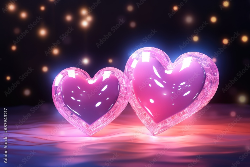 Twin Pink Hearts Glowing with Sparkles and Love on Bokeh Background. Generative AI Twin Pink Hearts Glowing with Sparkles and Love on Bokeh Background. Generative AI