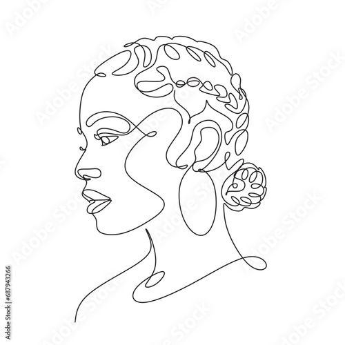 African woman face line drawing. Curly hair linear. Minimalistic abstract women portrait continuous line art for logo, prints, tattoos, posters, textiles, postcards. Vector illustration