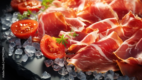 Close-up of sliced Iberico ham with herbs and tomatoes, top side view. Generative AI © AngrySun