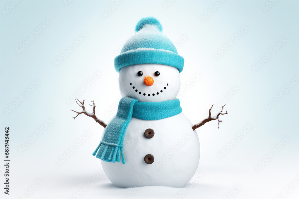 Beautiful snowman with arms made of twigs, blue hat and blue scarf on snow and winter background, New Year and Christmas theme with space for text.generative ai
