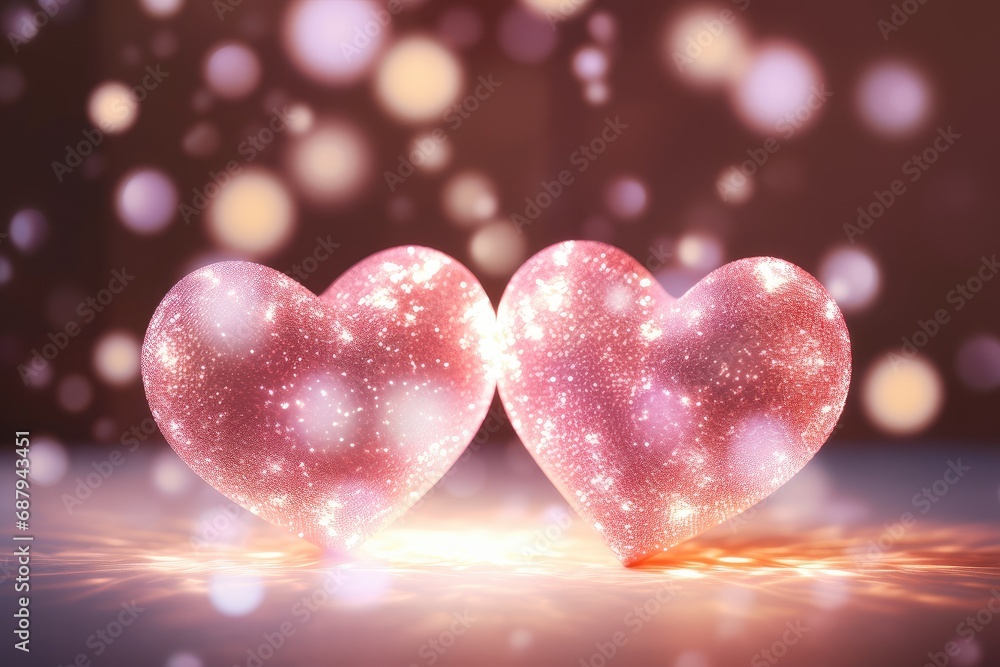 Twin Pink Hearts Glowing with Sparkles and Love on Bokeh Background. Generative AI Twin Pink Hearts Glowing with Sparkles and Love on Bokeh Background. Generative AI