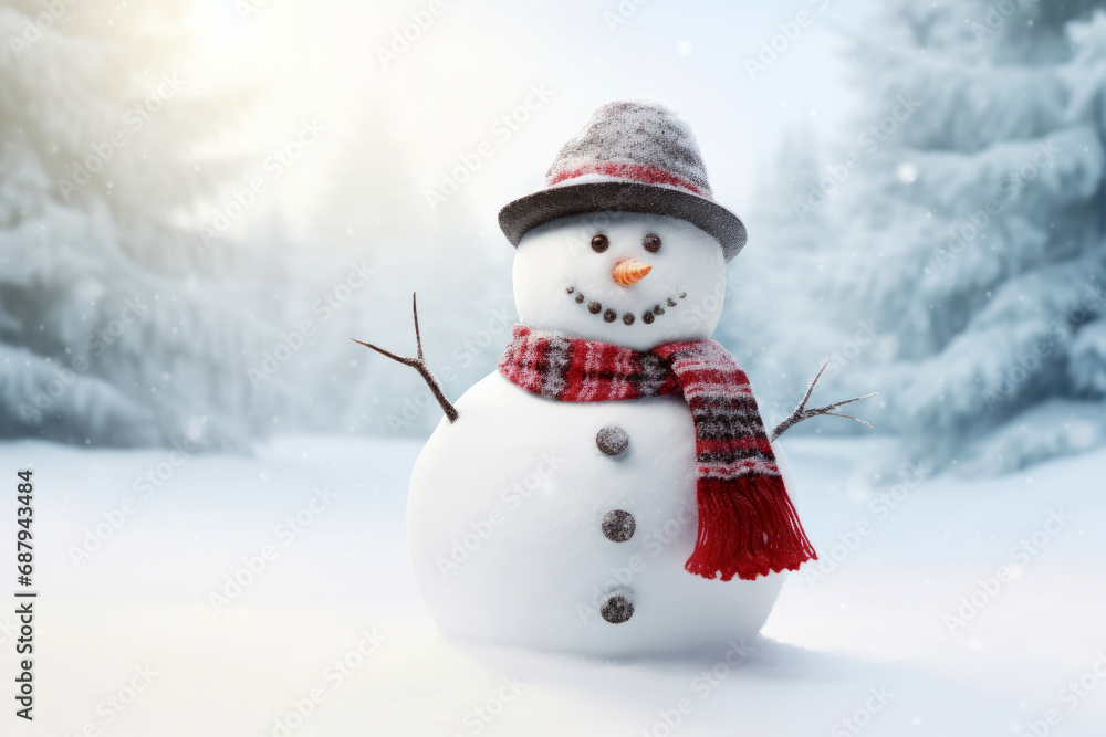Beautiful snowman with arms made of twigs, hat and scarf on snow and winter background, New Year and Christmas theme with space for text.generative ai
