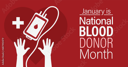 National blood donor month poster. Hand holding a blood pouch with a heart in the background.