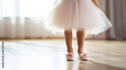 Little ballerina legs in pink dance shoes and tutu. Light festive background. Copy space. Generative AI