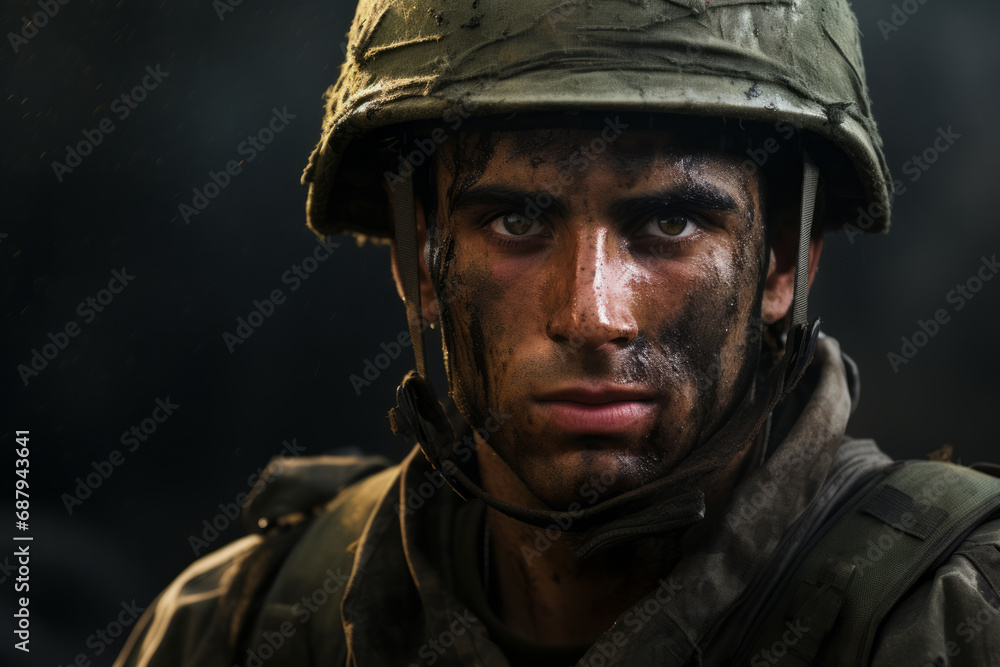 Tired desperate dirty soldier wearing helmet looking straight at camera, war and conflict theme.generative ai