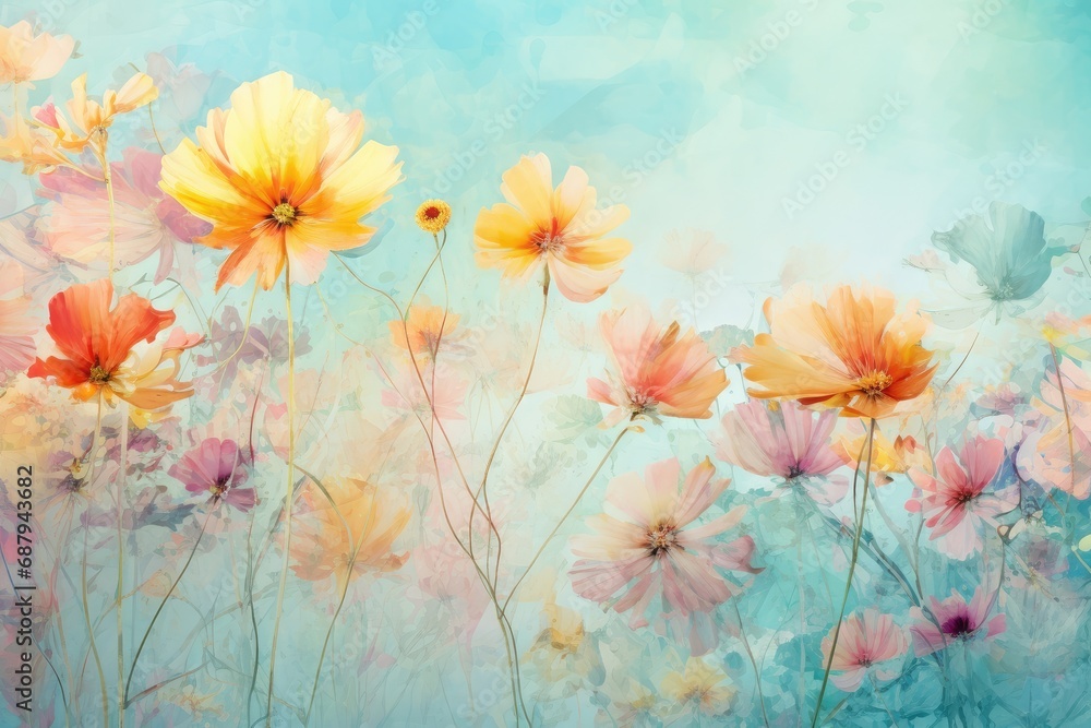 Valentine's Day. Assorted Spring Blossoms on Pastel Blue. Floral Freshness and Beauty. Generative AI